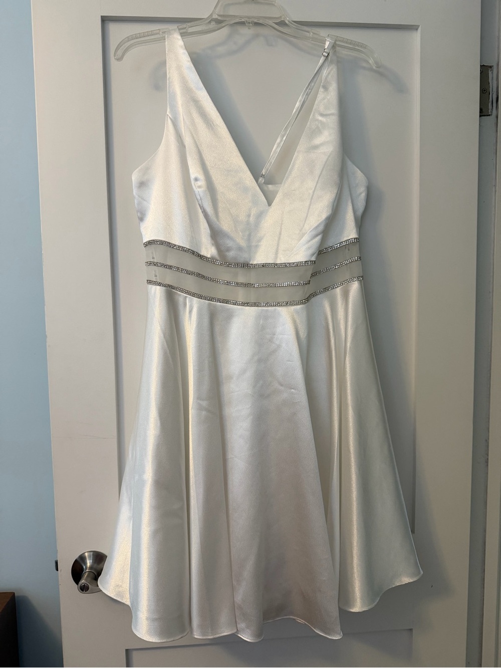 Women’s White Satin Party Dress with Crystal Waistband
